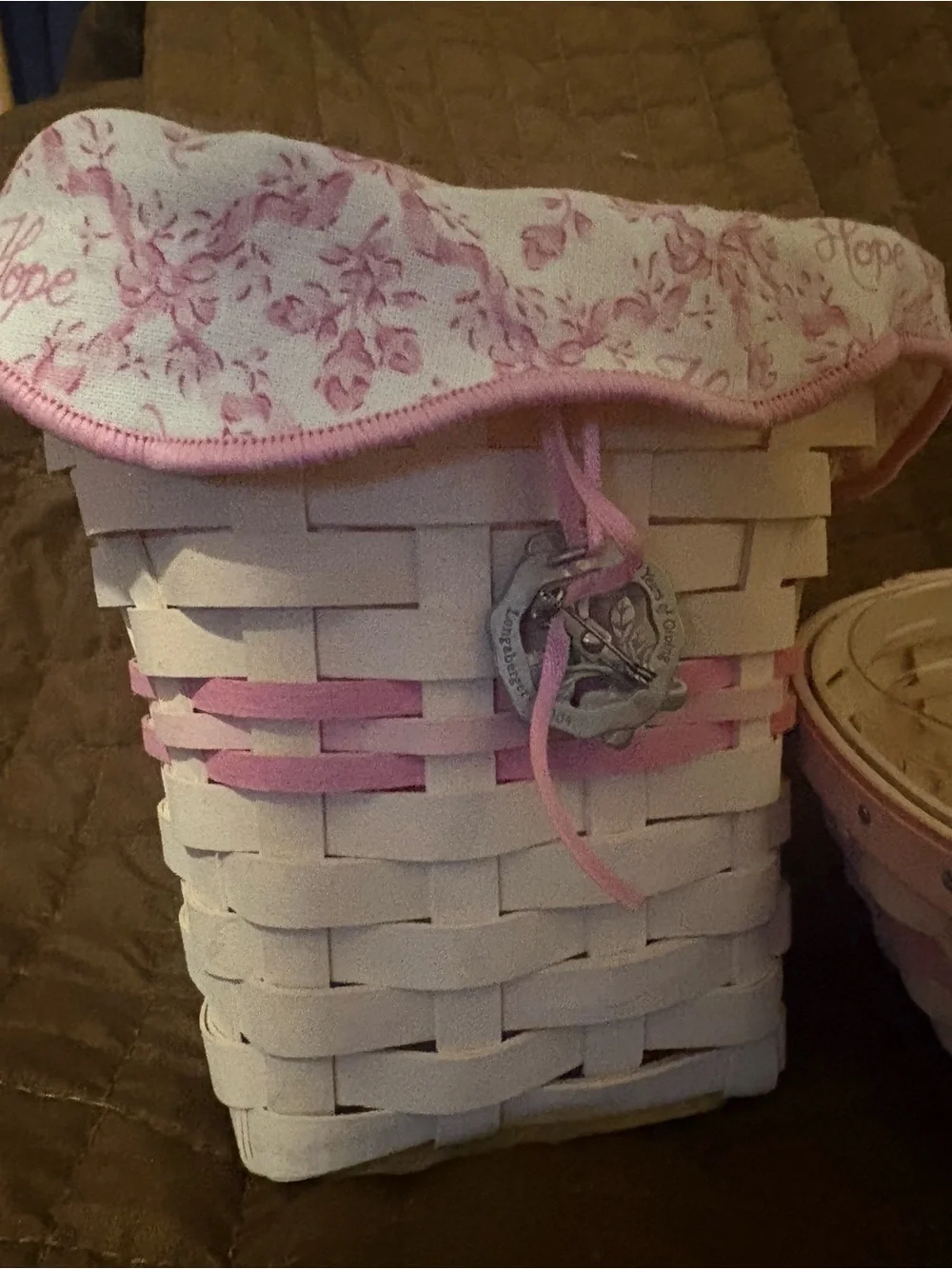 Two Longaberger Pink and White Woven Decorative Baskets. Breast cancer